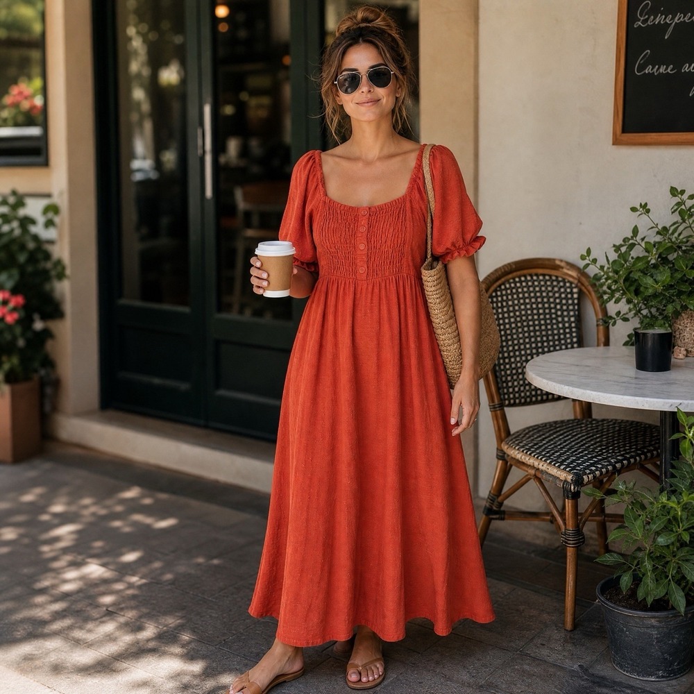 Studio B by Bobeau Coral Smocked Midi Dress Women's Medium Puff Sleeve Textured